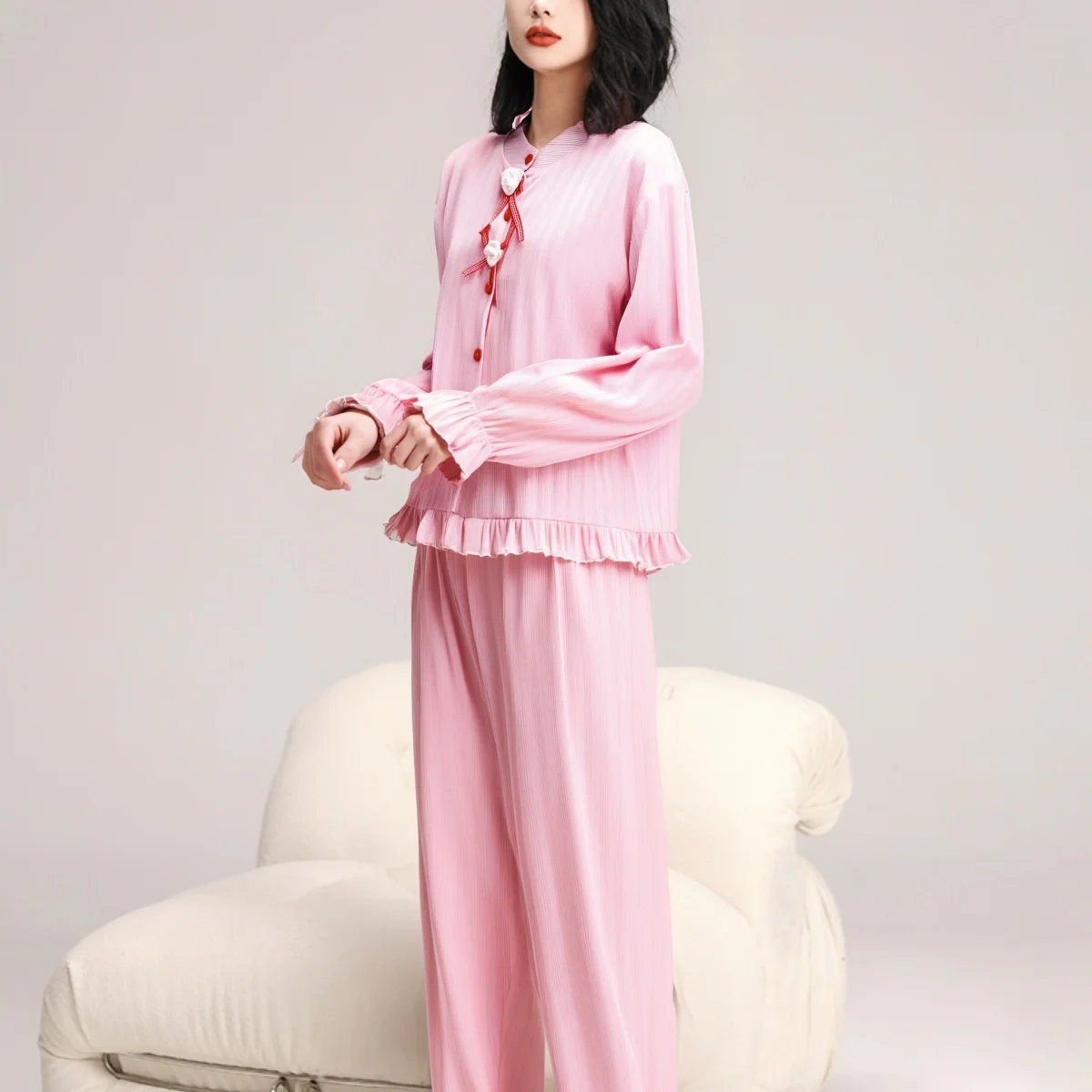 

Комплекты пижам для женщин: эмо-стиль, пэчворк, жатая ткань, гладкий принт, пуговицы, розовый, весна, синий, осень, офисный стиль