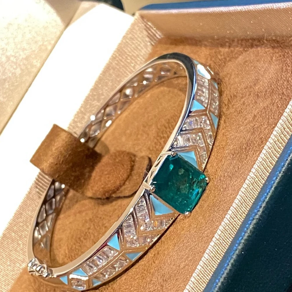 

925 Sterling Silver Emerald Green Square Gemstone Bracelet Bangle With 5A Zircon For Women