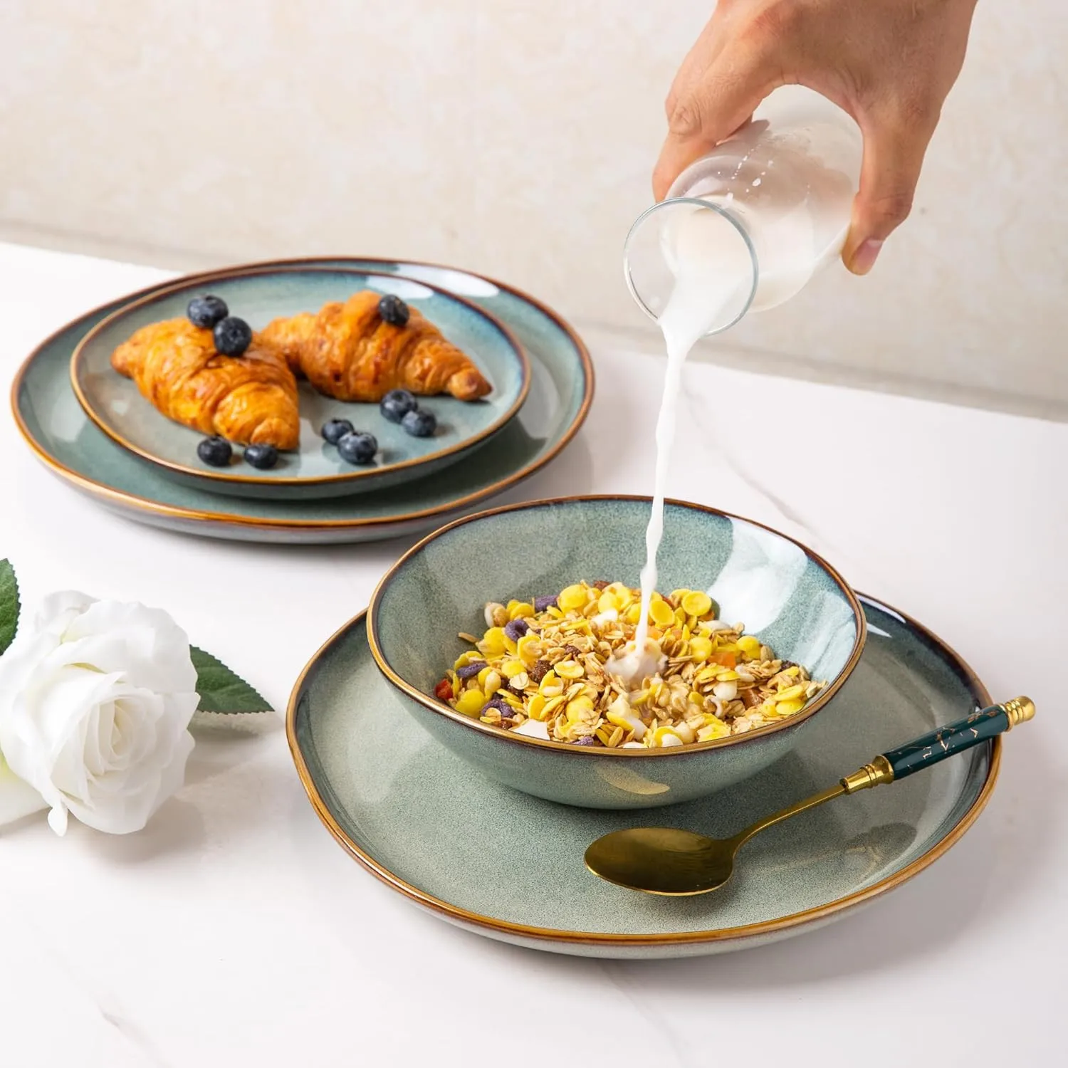 مجموعة أدوات مائدة سيراميك، مجموعة أواني طعام سيراميك مصنوعة يدويًا، أطباق أطباق حجرية لسطح الطاولة الحديثة #4