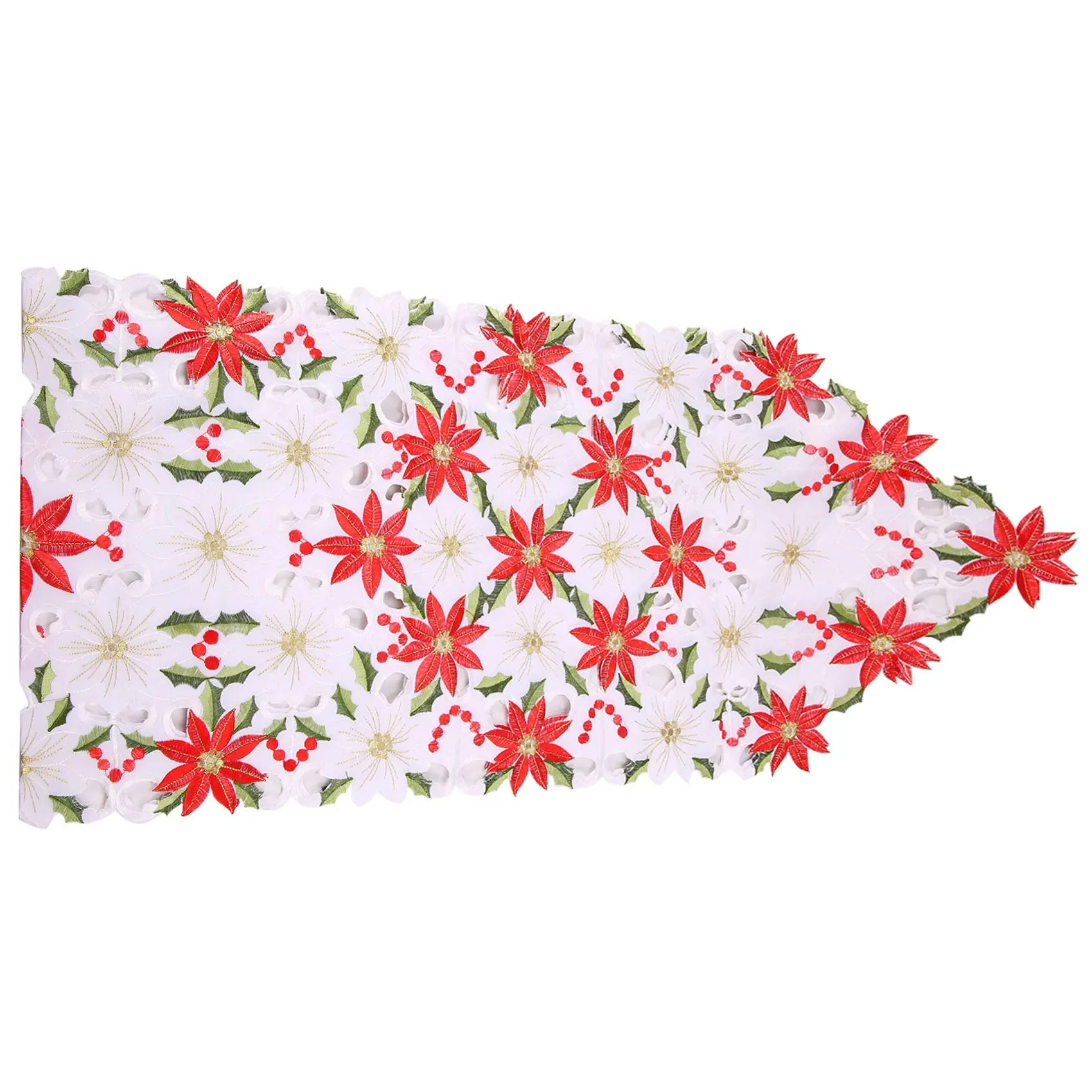 Christmas Embroidered Table Runner, Luxury Holly Poinsettia Table Runner for Christmas Decorations, 15 x 70 Inch