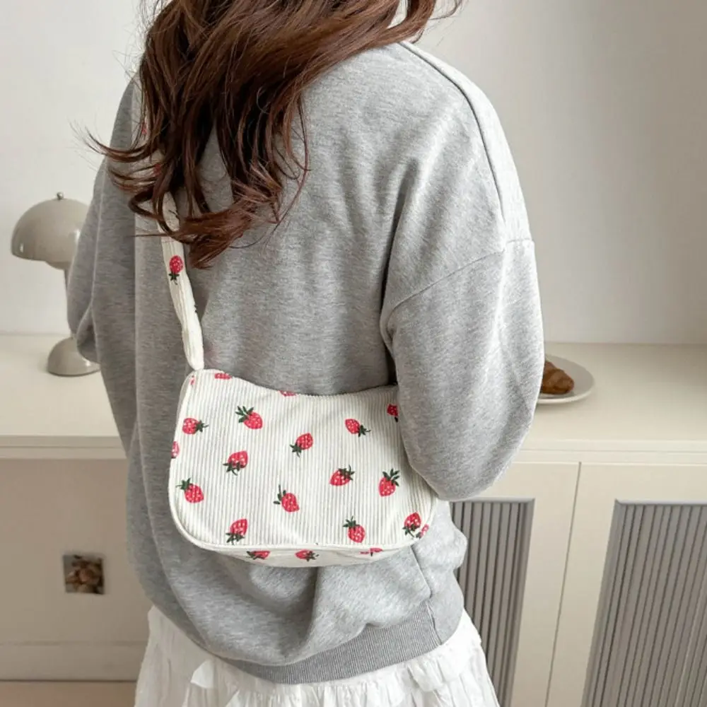 Fashion Korean Style Strawberry Printing Shoulder Bag Sweet Fruit Corduroy Tote Bag Leisure All-match Handbag Daily image 2