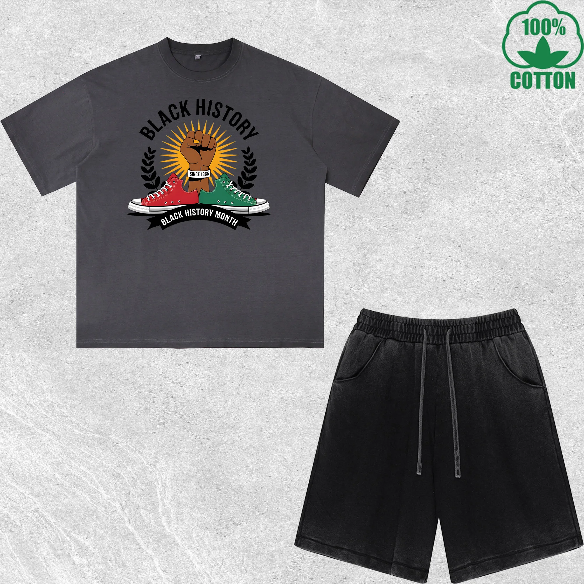

Black History Printed Dirty Wash T-Shirt Shorts Set Multicolor Combo Loose Trendy Fashionable 100%Cotton Short Value Pack