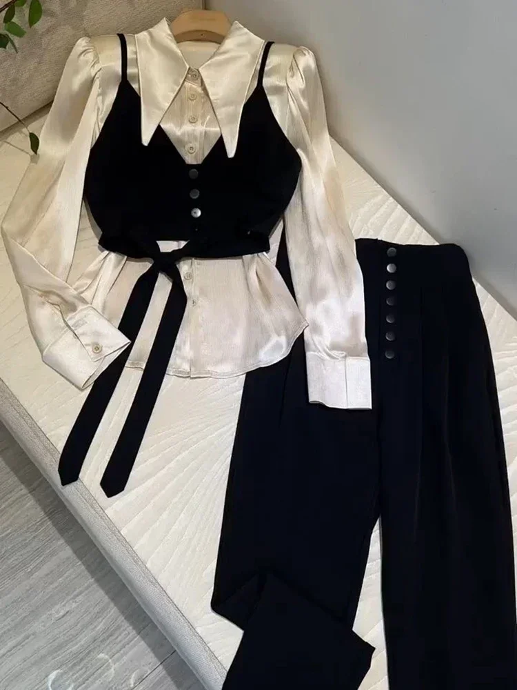 2024 Spring Women Elegant 3 Piece Sets Autumn Korean Fashion Shirts Female Tops High Waist Harem Pant Office Ladies y2k Suits