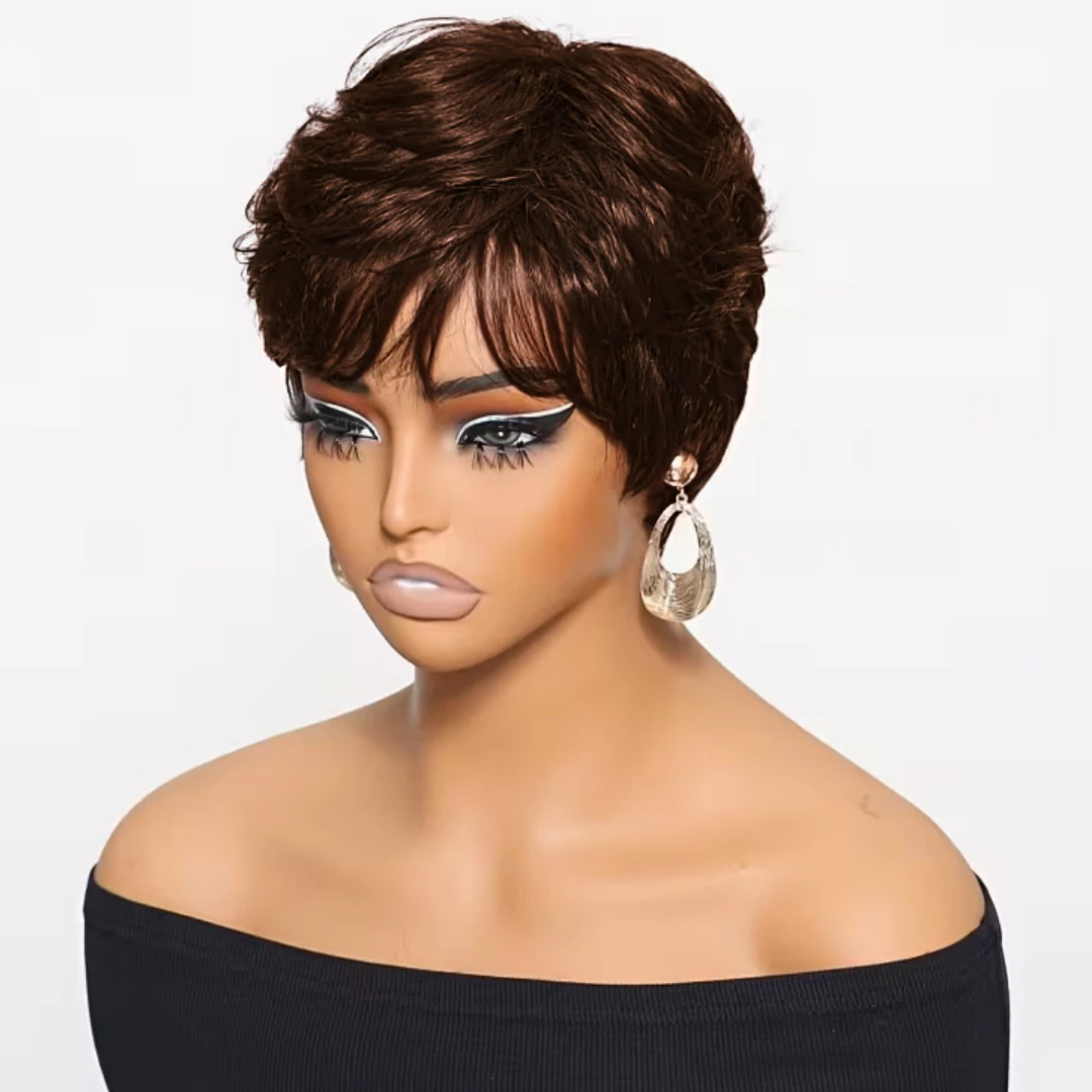 

Коричневый 4-й # Короткие волосы Remy для женщин, стильные кудри, открывающие уши, модные короткие прически, парик машинного производства