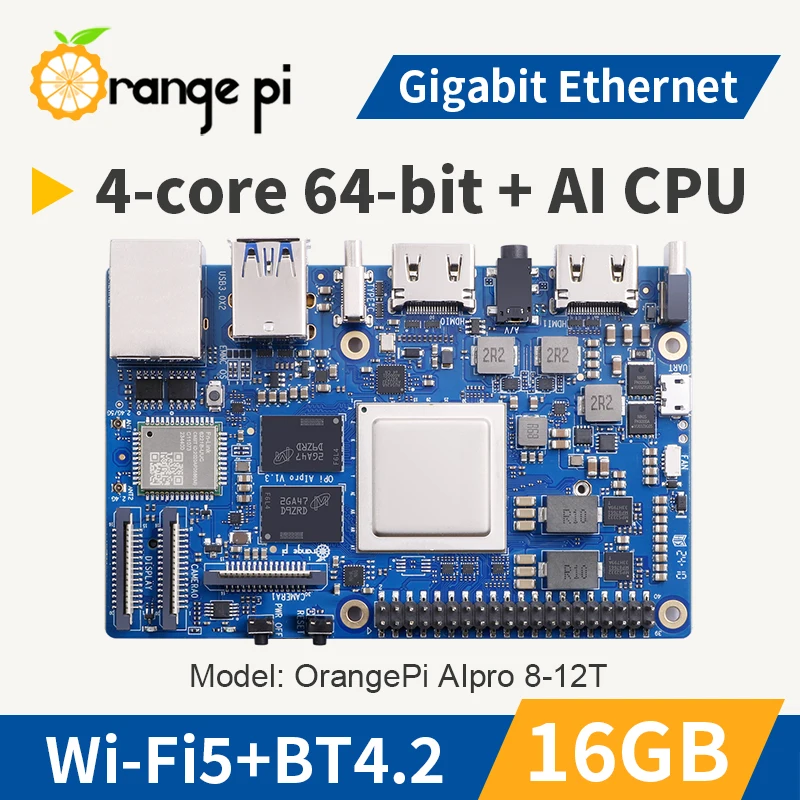 TopElec Orange Pi AIpro 16G+Cooling Fan, 8-12 Tops Ascend AI Computing Power Processor WiFi+BT Mini PC Single Development Board