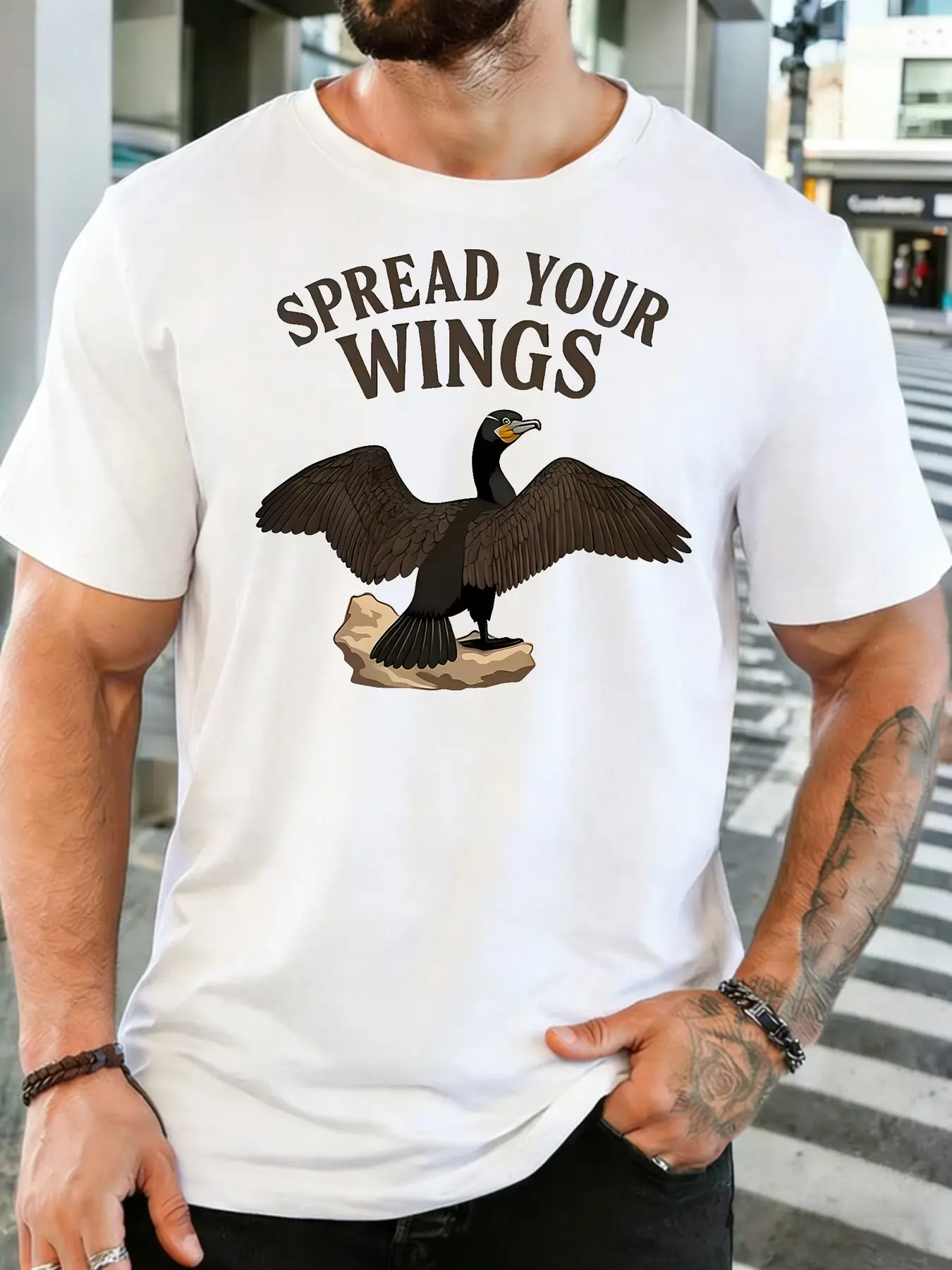 Men Red Crew Neck Tee Spread Your Wings Open Wing Cormorant Bird On Rock Inspirational Wildlife Print Soft Cotton Casual Top