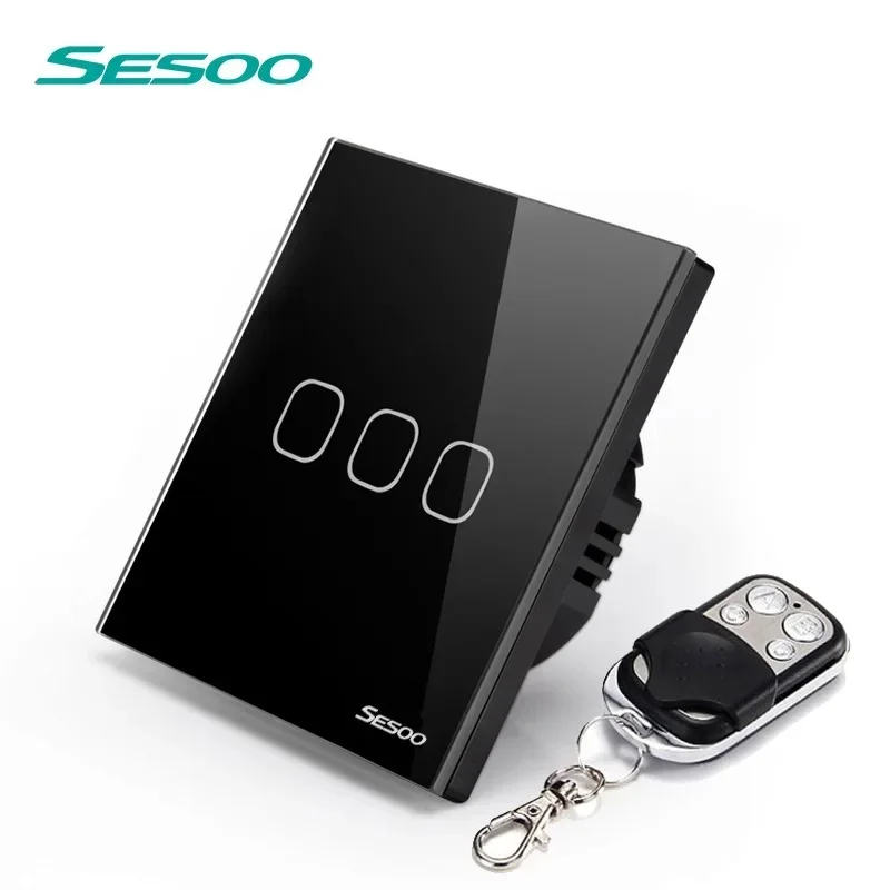 SESOO Remote Touch Switch, 3 Gang 1 Way,Crystal Glass Panel,RF433  Single FireWire Touch Sensing for Smart Home , AC100-240V