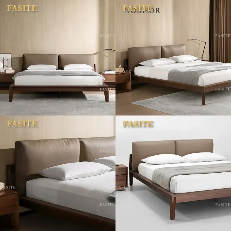 For Nordic Italian Style North American Black Walnut Solid Wood Double Bed  Leather Backrest Modern Bedroom