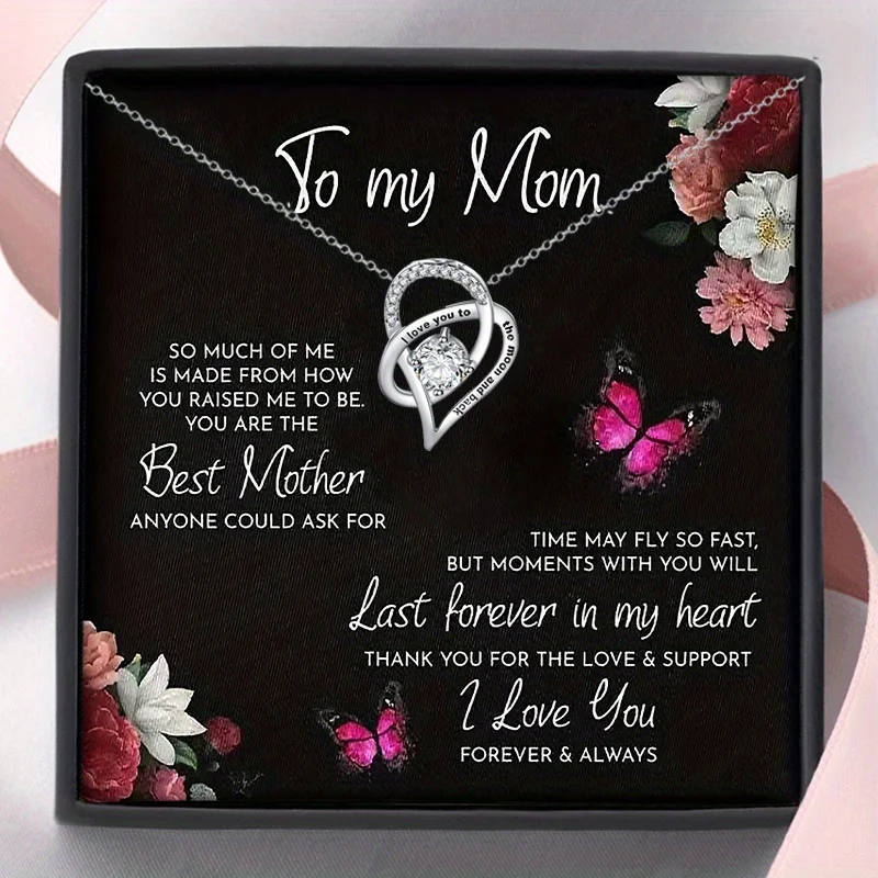 To My Mom Heart Necklace, I Love You To The Moon and Back, Mom Necklace, with Card & Box Gift