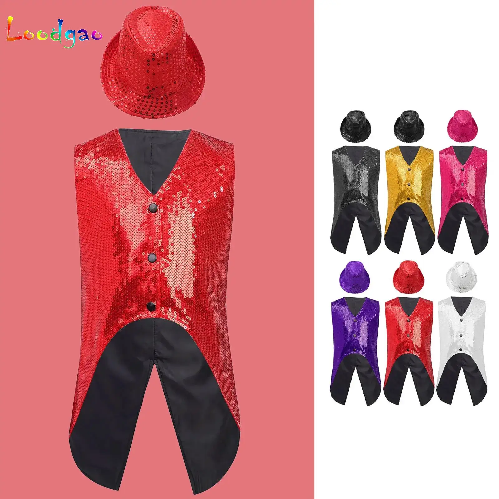 

Boys Girls Jazz Hip Hop Dance Vest Wedding Party Tuxedo Waistcoat Performance Costume Sparkling Sequins Disco Vest with Hat Set