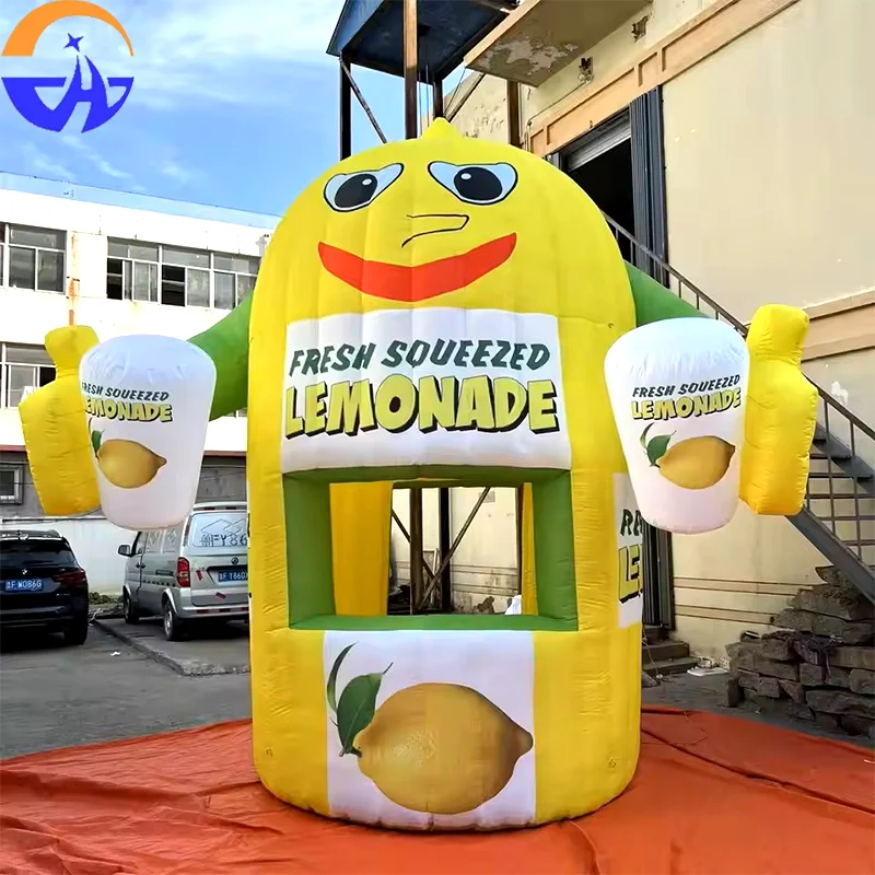 Lindas puestos inflables de limón, soportes para bebidas de limón con manos y contadores de ventas para actividades promocionales