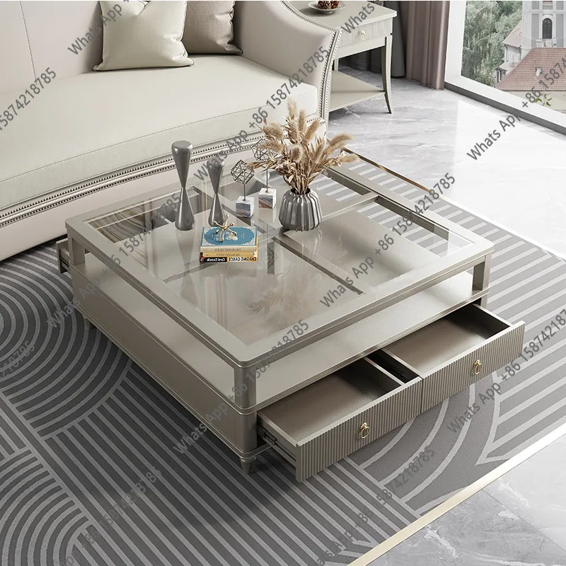 

Rt Italian Light Luxury Solid Wood Coffee Table American TV Cabinet Combination Square Glass Storage Table Fashion
