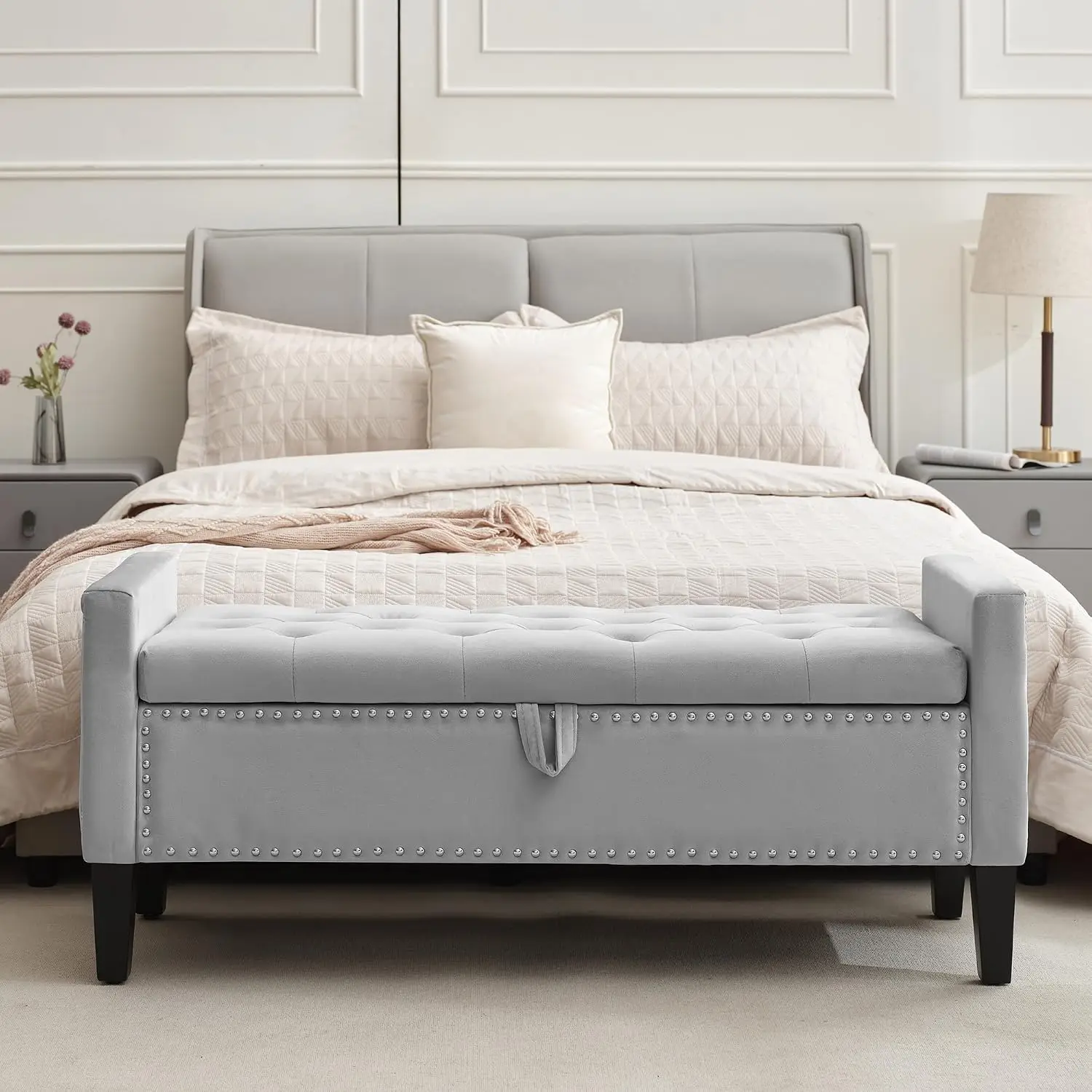 Velvet Storage Ottoman Bench 46'' Button Tufted Upholstered Bedroom Living Room Entryway Furniture Grey, Customized