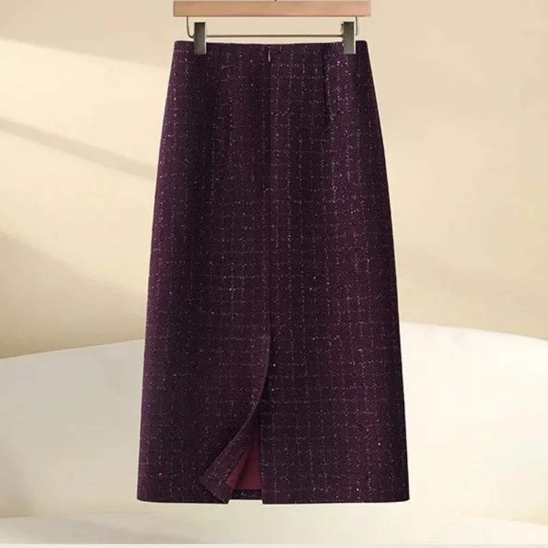 New Fashion Bright Silk Tweed Women's Skirt High Waist Slim Fit A-Line Split Woolen Midi Skirts Office Lady Elegant Jupe