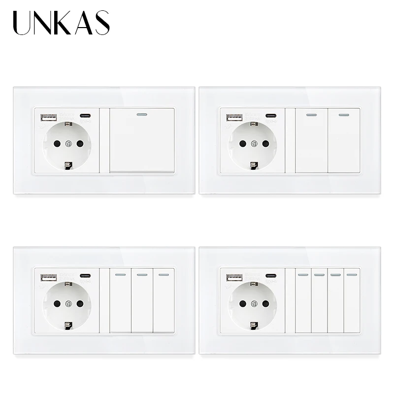 الأبيض نوع C جدار منفذ USB الاتحاد الأوروبي القياسية 16A المقبس 1 2 3 4 عصابة 1 / 2 طريقة تشغيل / إيقاف زر الزجاج المقسى لوحة المخرج #1
