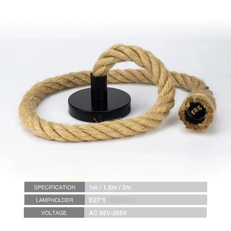 Criativo Loft Casa Lustres, Hemp Rope Pendant Lights, E27 Vintage Retro Hanging Lâmpadas, LED Light Base, AC85V-265V