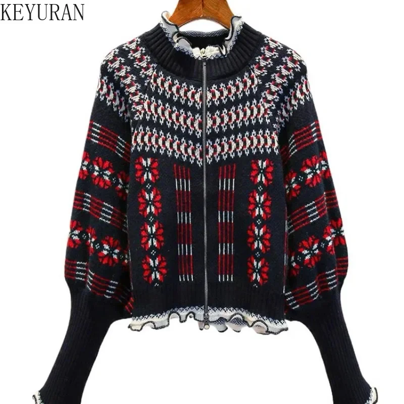 Vintage Jacquard Ruffles Stand Collar Double Zipper Sweater Coat Women Autumn Winter Lantern Long Sleeve Knitwear Cardigan Tops