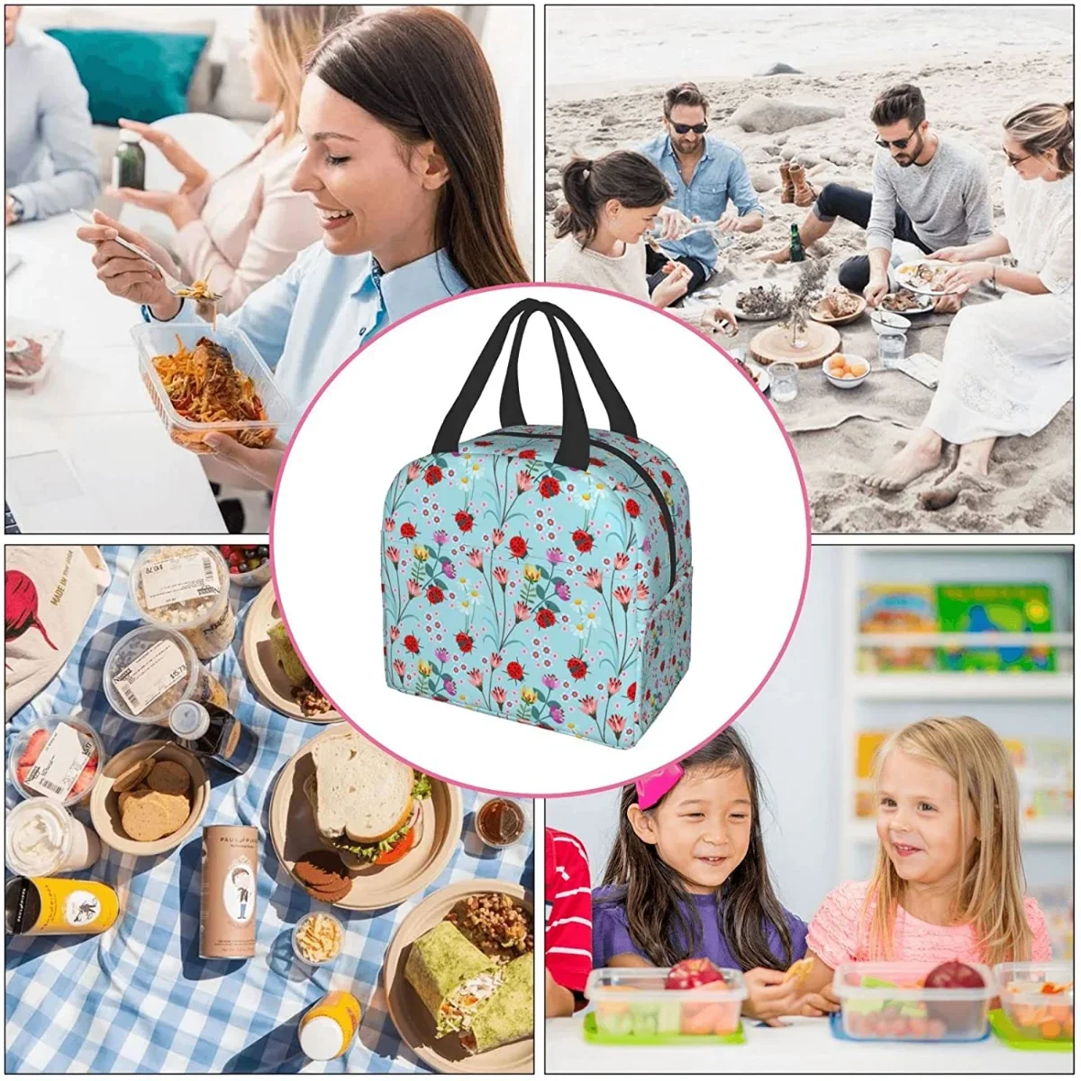 Lady bug with flower Lunch Box Bento Box Insulated Lunch Boxes Reusable Waterproof Lunch Bag With Front Pocket For Office Picnic