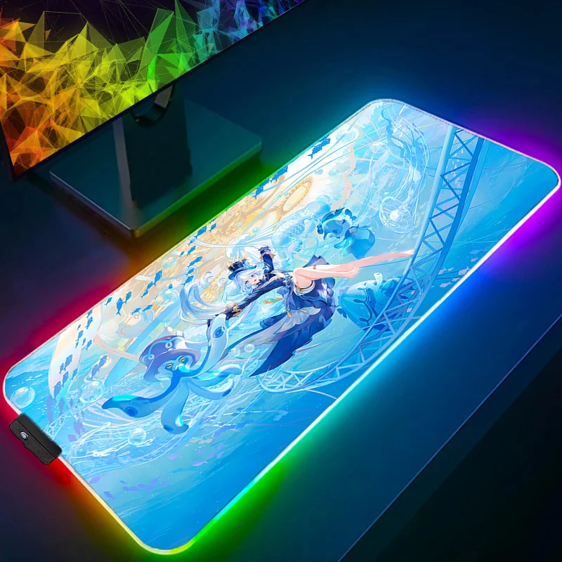 

Коврик для мыши, резиновый Genshin Impact Furina Gamer, настольный коврик RGB, компьютерный милый коврик для клавиатуры в стиле аниме для девочек, светодиодный игровой аксессуар, коврик для мыши