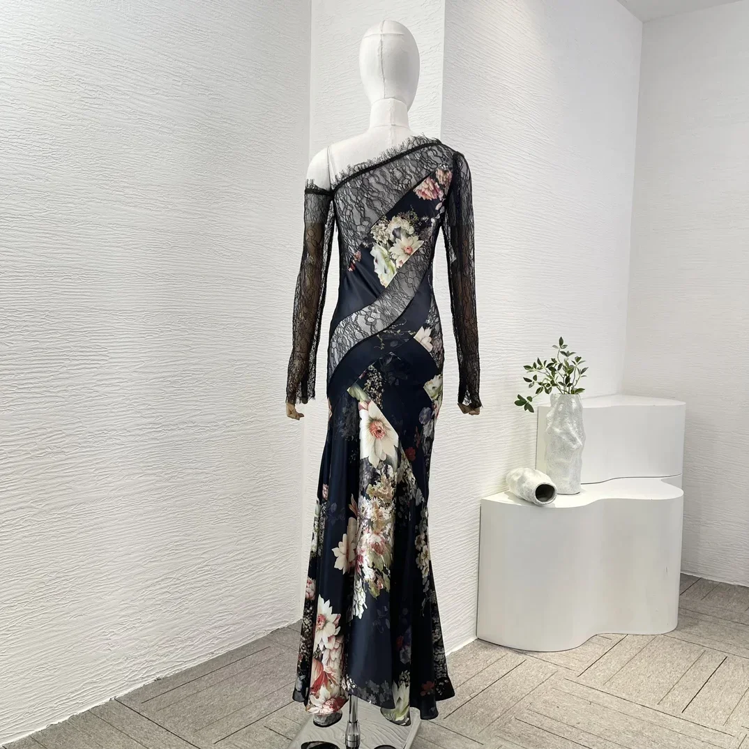 Ladies' New Silk Long Sleeve Sloping Shoulders Elegant Black Floral Print  Lace Patchwork Women Vintage Mermaid Maxi Dresses