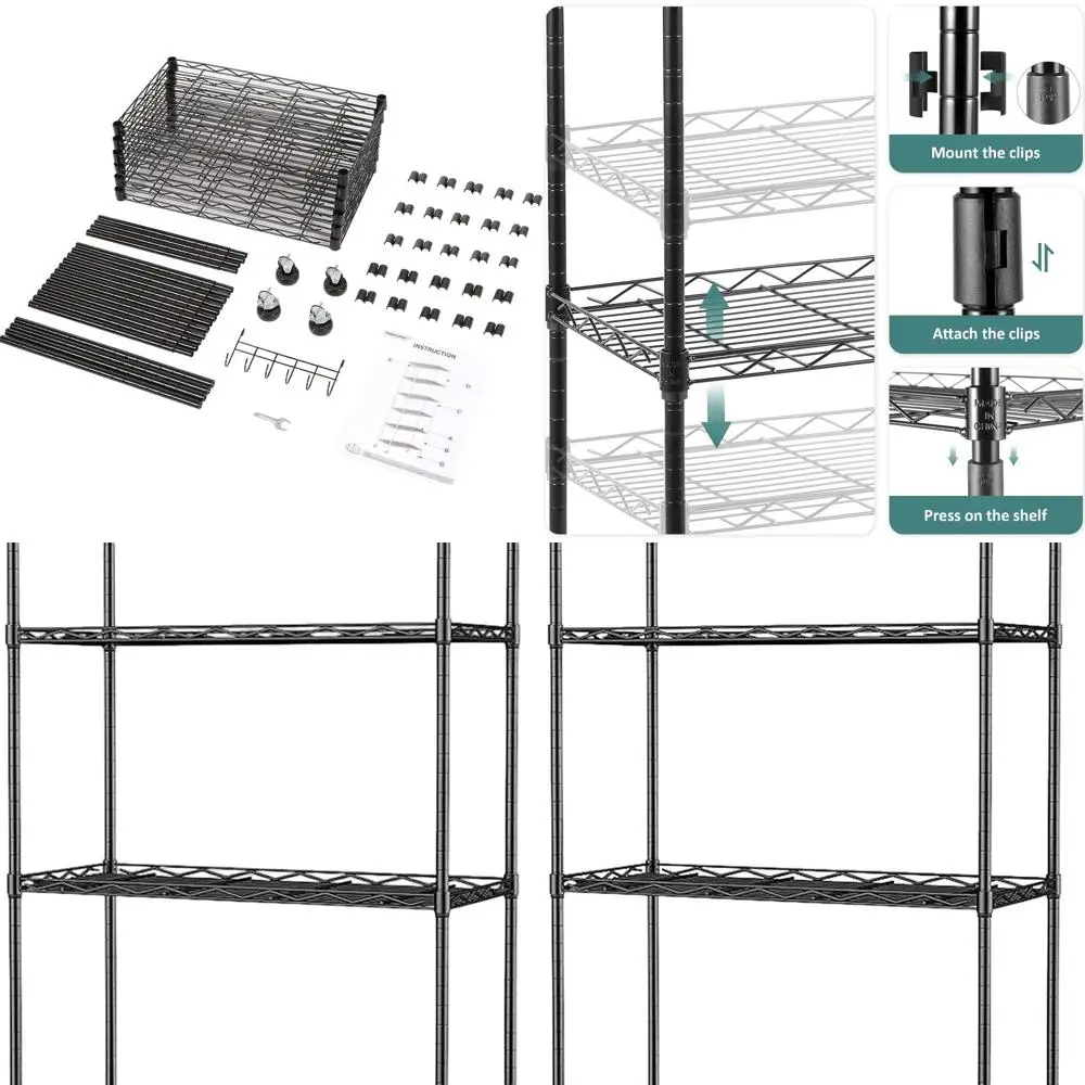 

6-Tier Wire Storage Shelf with Casters, Stainless Hooks, Black Finish