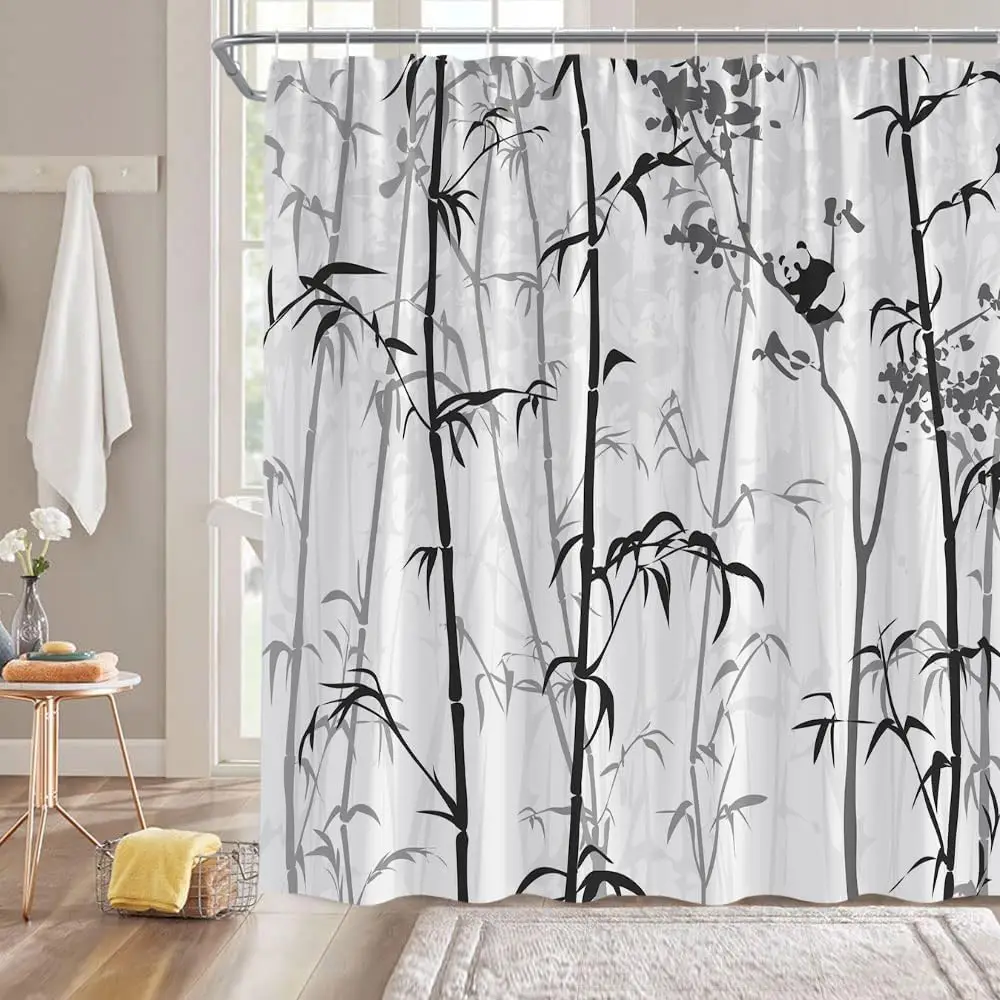 

Bamboo Shower Curtain Bamboo Forest Japanese Asain Retro Chinese Style Panda Abstract Painting Bathroom Decor Curtain with Hooks