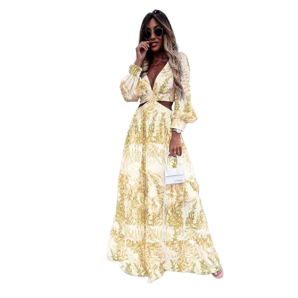 2024 European and American fashion women's clothing spring new long printed V-neck long-sleeved temperament dress