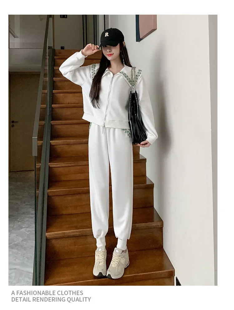 Exquisite Rhinestone Large Lapel Zipper White Hoodie Women Cardigan 2023 Spring New High Waist Casual Pants Sports Two-Piece Set