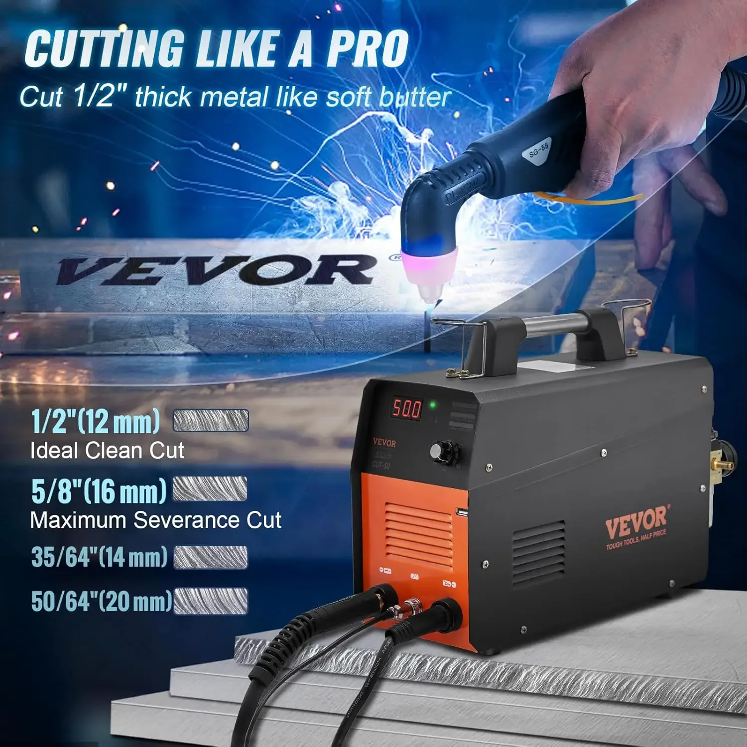 Plasma Cutter, 50Amp, Air Cutting Machine with Plasma Torch, 110V/220V Dual Voltage AC IGBT Inverter Metal Cutting Equipment