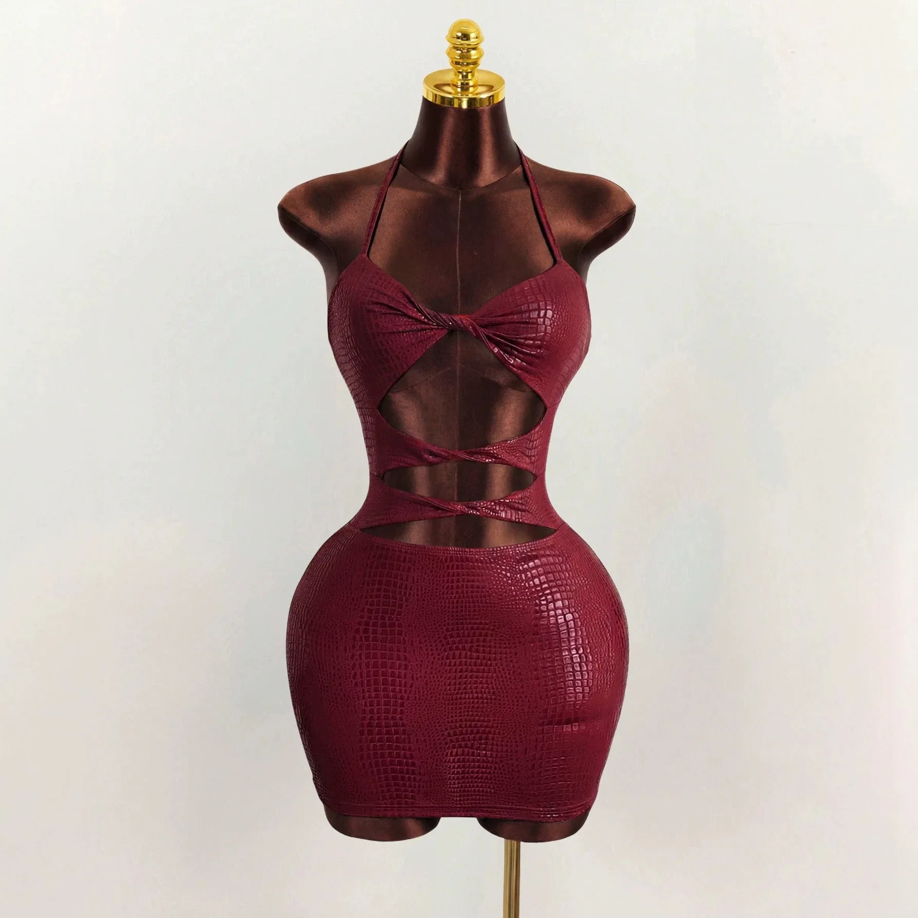 

Women's Summer New Fashion Solid Color Sleeveless Patchwork Gold-embossed Strap Hollow-out Tight-fitting Short Dress