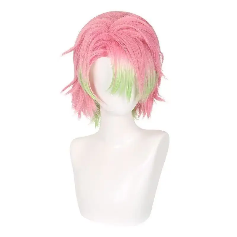 Kanroji Mitsuri Genderbend Cosplay Wig Pink Green Gradient Short Layered Synthetic Hair For Halloween Party Comic Con