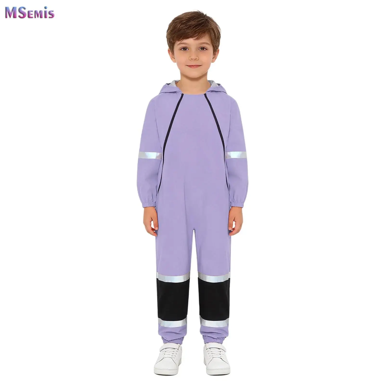 

Boys Girls Rain Suit Waterproof Coverall Dual Front Zippers Hood Long Sleeve Color Block Design Raincoat for Outdoor Activities