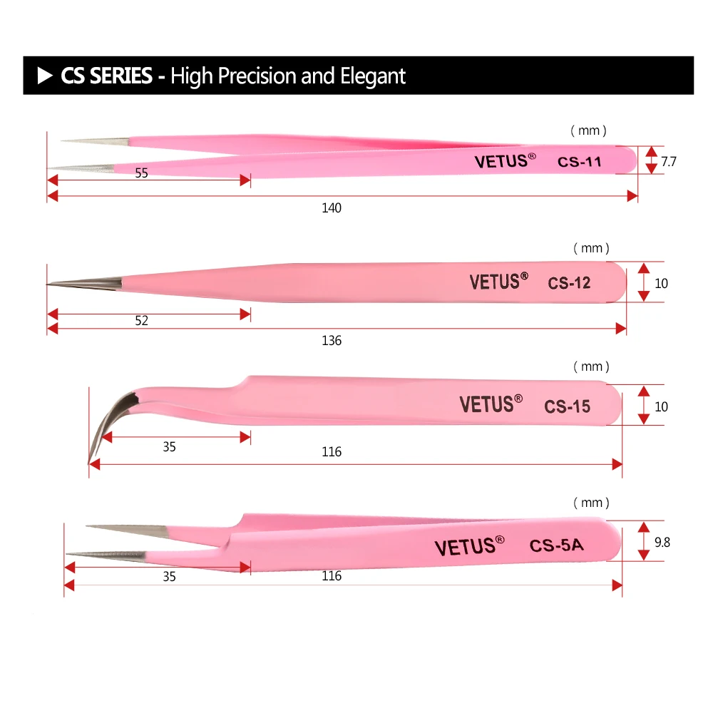 Pinzas para extensión de pestañas VETUS de acero inoxidable, herramientas de reparación auxiliar, pinzas para cejas antiácidos de alta precisión hiperfina