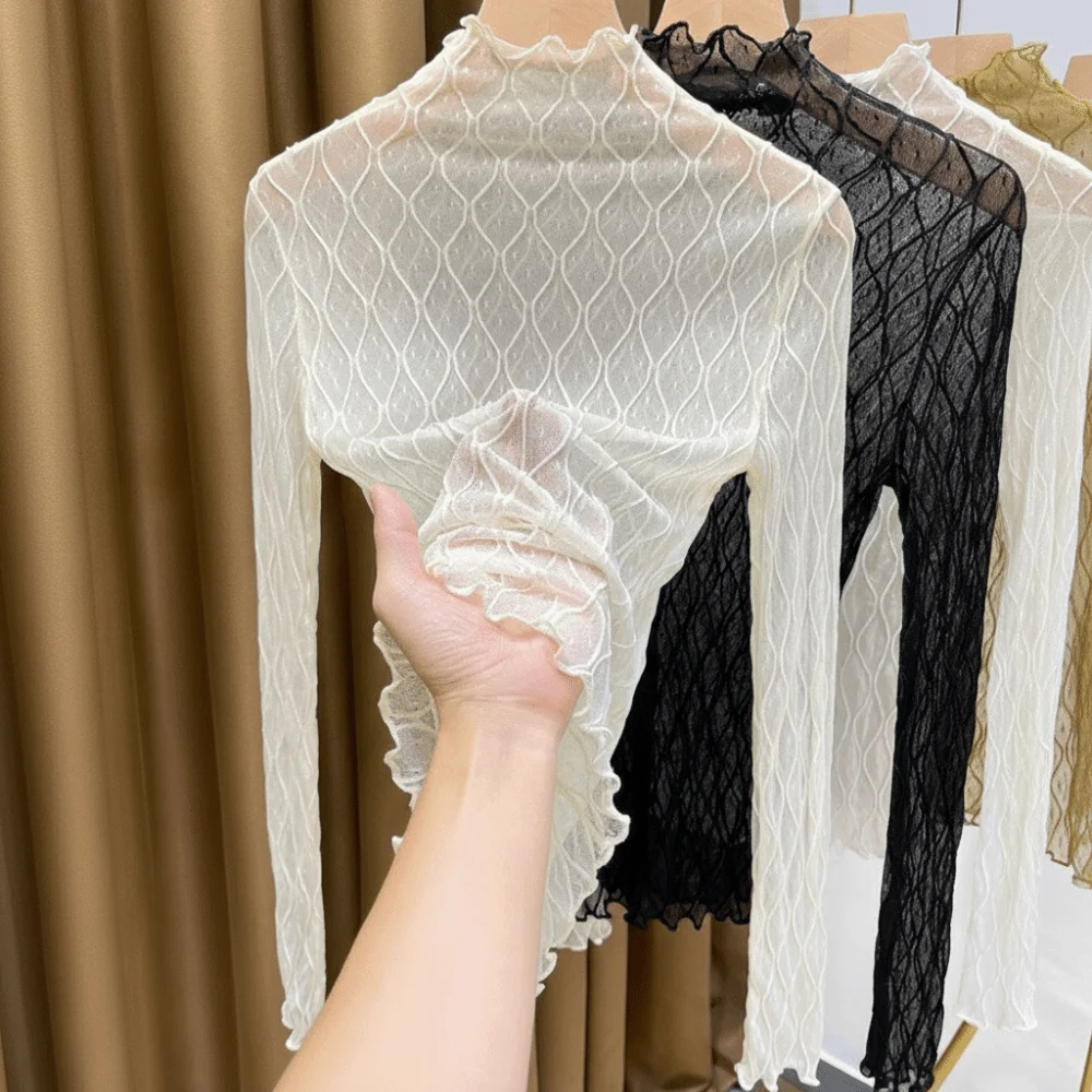Sexy Elegant Turtleneck Top Mesh Fabric Solid Color Mesh Top Breathable Hollow Pattern Lace Top for Women