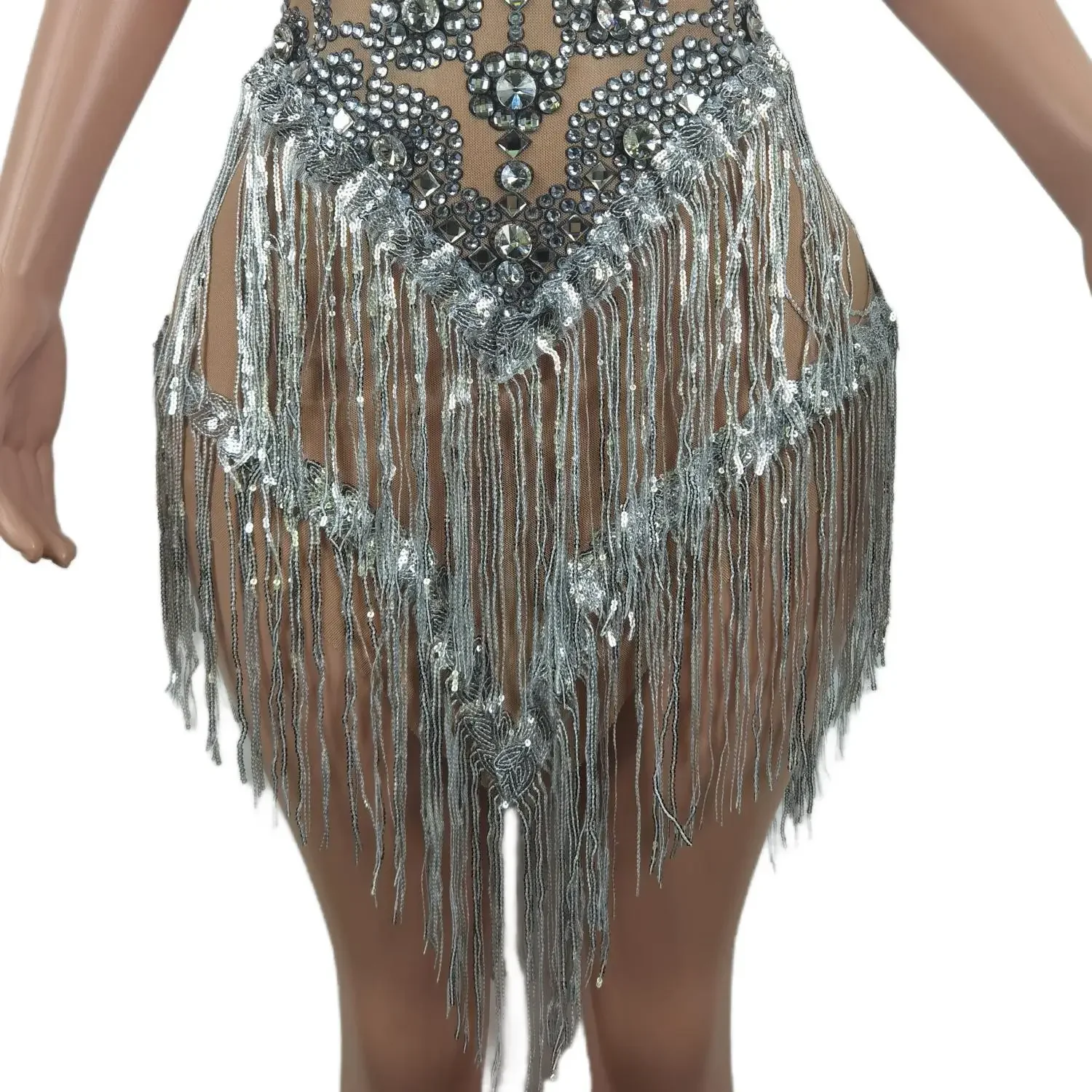 Lady Sparkle Silver Rhinestone Mesh Dress Sequins Tassels Women Birthday Party Celebrate Dress Nightclub Showgirl Stage Costumes