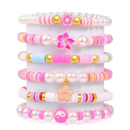 6PCS Clay Bead Bracelets for Teens Girls Preppy Cute Bracelets  Set Colorful Evil Eye Polymer Pearl Beaded Stretch Bracelets