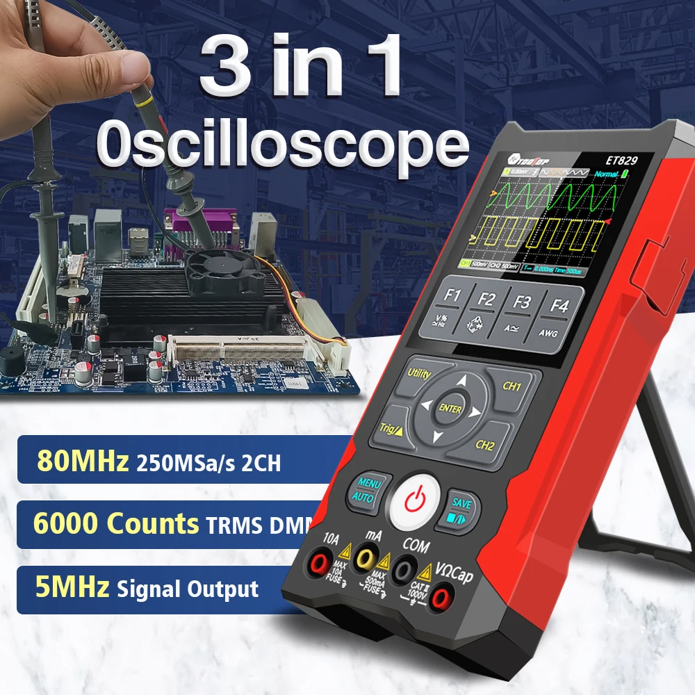 TOOLTOP ET829 2 kanały 250MSa/s 80 MHz cyfrowy oscyloskop pamięci masowej multimetr Generator sygnału oscyloskop wielofunkcyjny 3 w 1