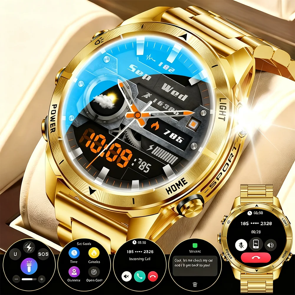 Gold Smartwatch for Men: 1.46-inch AMOLED Screen, LED Flashlight, 515mAh Battery, 10ATM Waterproof, Bluetooth Call Smartwatch