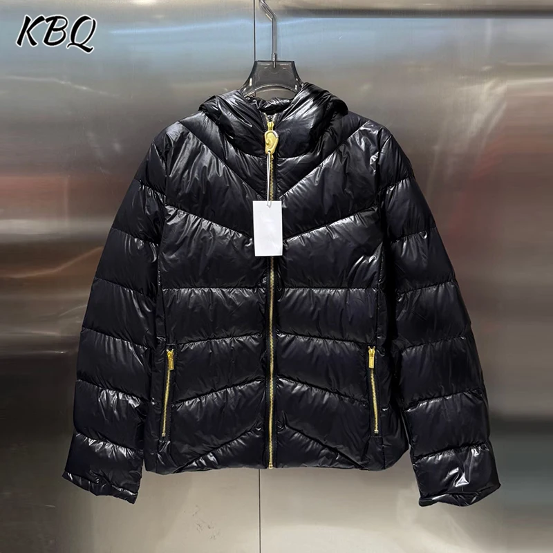 

KBQ однотонный свободный пуховик со складками для женщин, воротник с капюшоном, длинный рукав, лоскутное пальто на молнии, теплое пальто, женская мода, зима