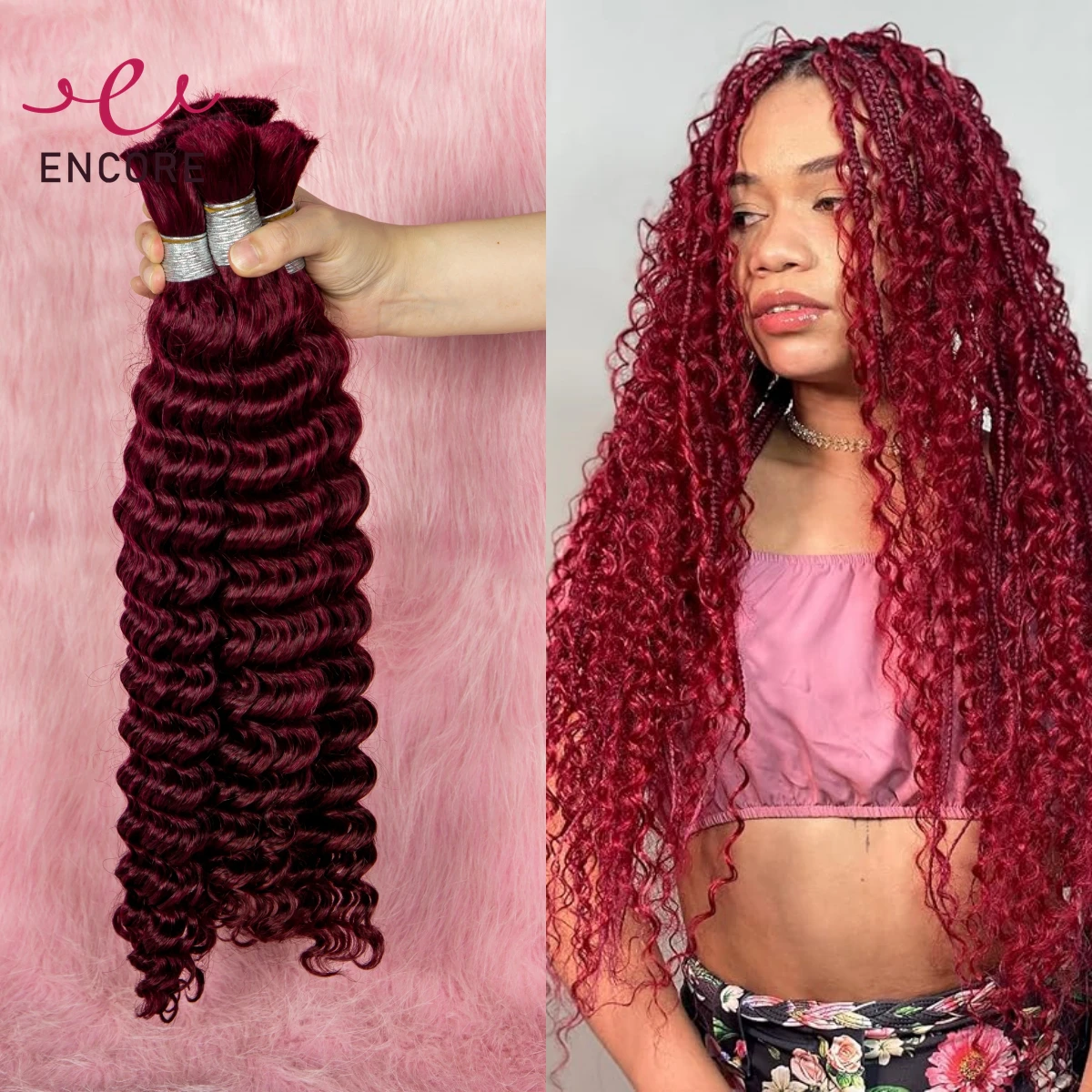 Burgundy 20 22 Inch 100% Real Human Hair Bulk for Boho Braiding Deep Wave Curly Virgin Hair Bundles for Braided Hair Extensions