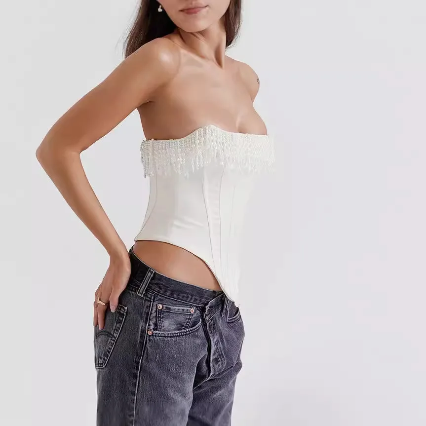 2024 neue Mode Perle Quaste Cami Off Schulter Weiß Crop Tops Frauen Elegante Korsett Rohr Top Sexy Schlank Clubwear Party Leibchen