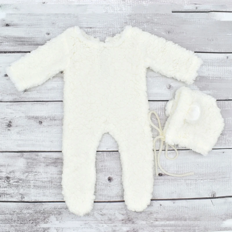 Newborn Photo Props Berber Fleece Costume Bear Ear Hat Baby Footed Romper Photo-Shooting Clothes Photostudio Props 2PCS