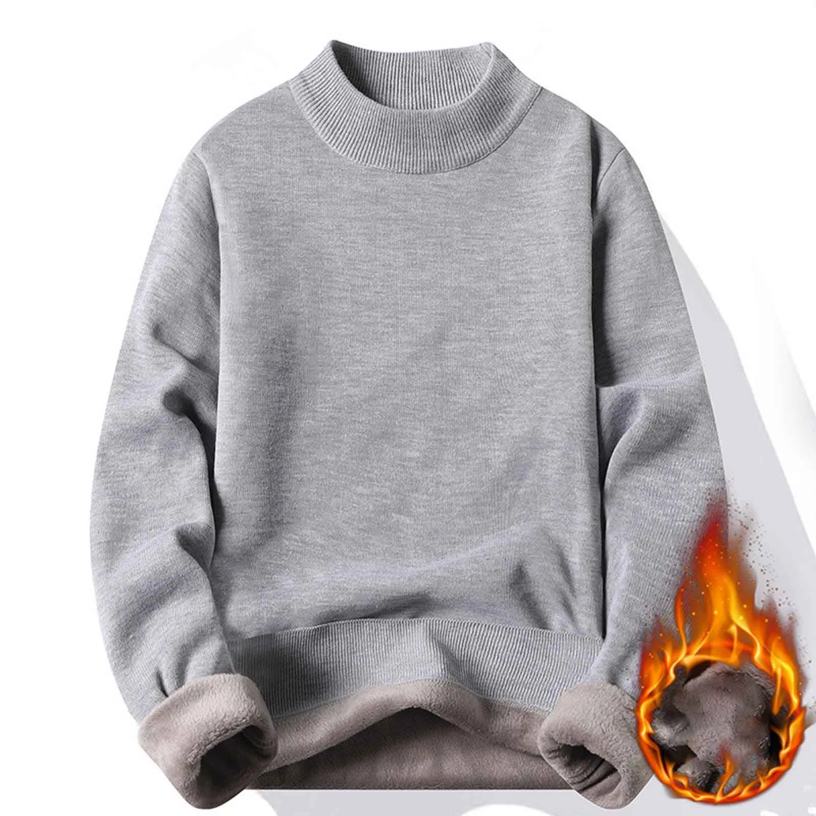 Winter New Men's Knitted Sweater with A Half High Collar Solid Color Plush and Warm Knitted Lining Top Casual and Versatile Top