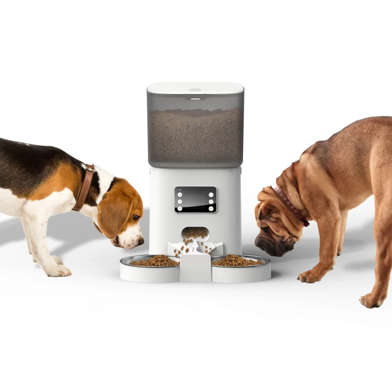 

Two-Way Splitter Double Bowls Voice Recorder Automatic Pet Feeder Food Dispenser For Cat And Small Dog