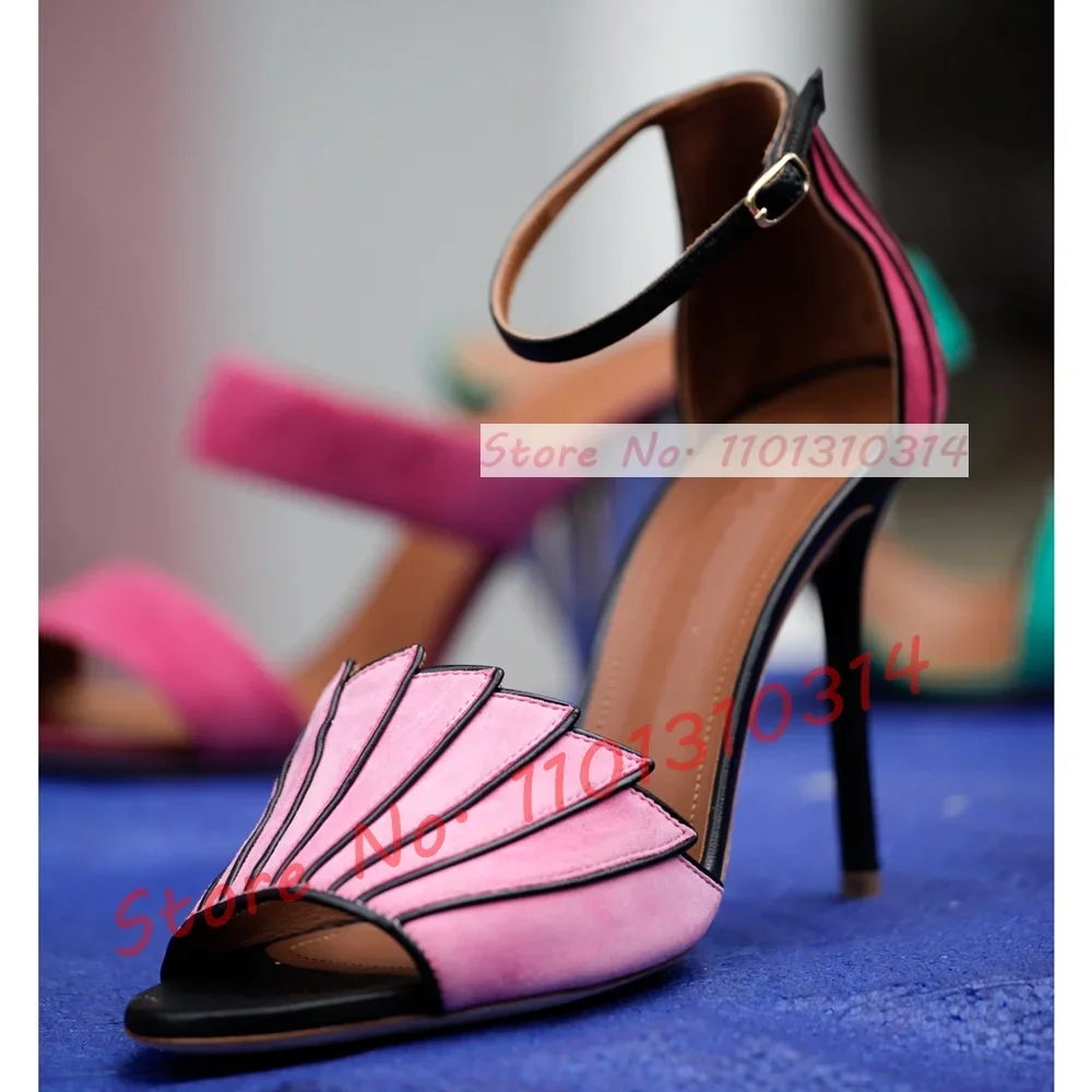 Multicolor Fan-shaped Suede Sandals Women Sweet Splicing Pink High Heels Open Toe Shoes Girl\'s Summer Party Cover Heel Shoes