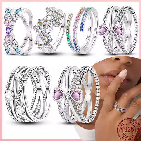 925 Sterling Silver Ring Colored Zircon Star And Moon Stackable Women's Original Wedding Wide Double Layer Ring Exquisite