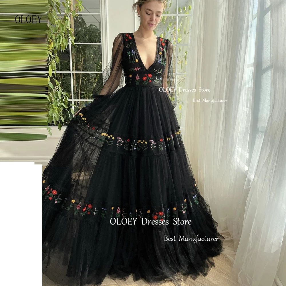 

OLOEY 2024 Black Embroidery Tulle Dotted Evening Dresses Puff Long Sleeves V Neck Floor Length Prom Gowns Special Occasion Dress