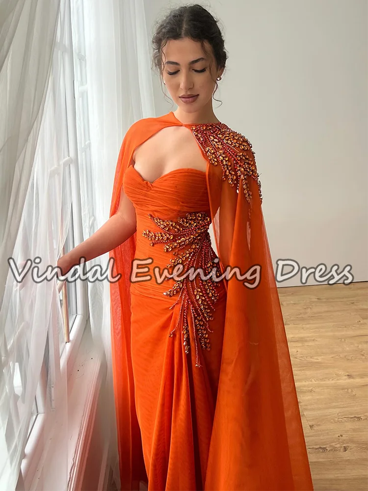 Vindal – robe De soirée longue en mousseline De soie Orange, avec Cape et cristaux, robe De bal élégante, robes De soirée De mariage, personnalisées