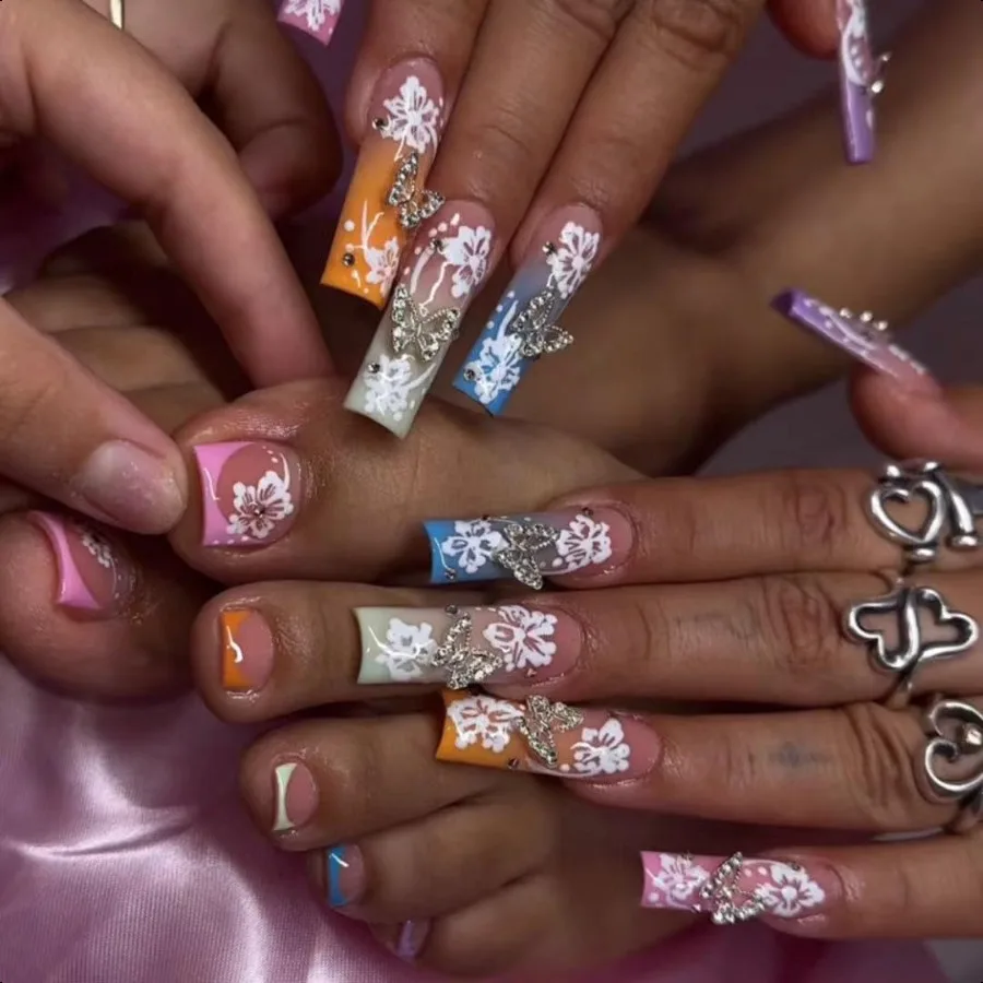 

48 шт. Pr on Nails Набор длинных квадратных ногтей на ногах Накладные ногти с французским кончиком
