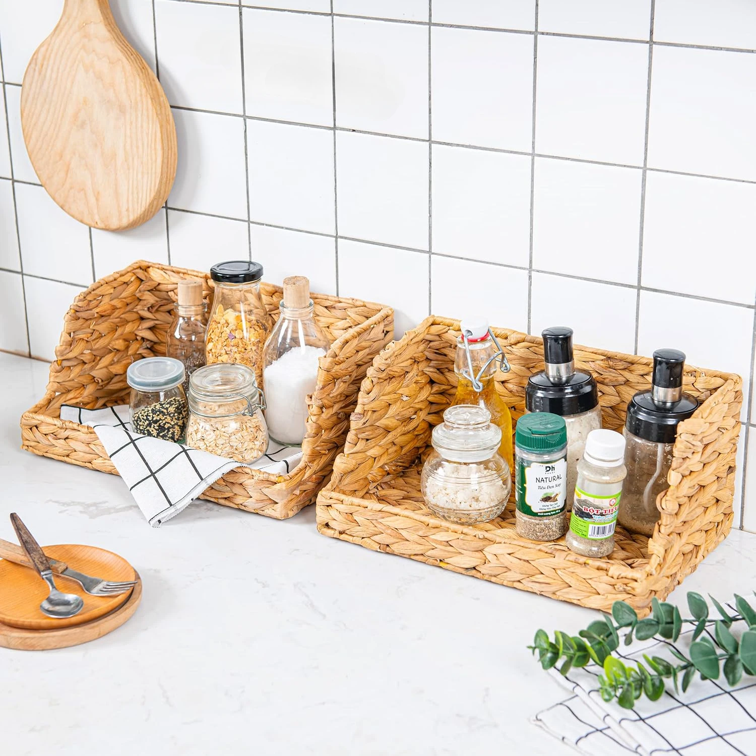 Water Hyacinth Storage Baskets with Large Open-Front for Kitchen, Decorative for Living Room, 13.4” x 9.5” x 5.5”, 2 Pack